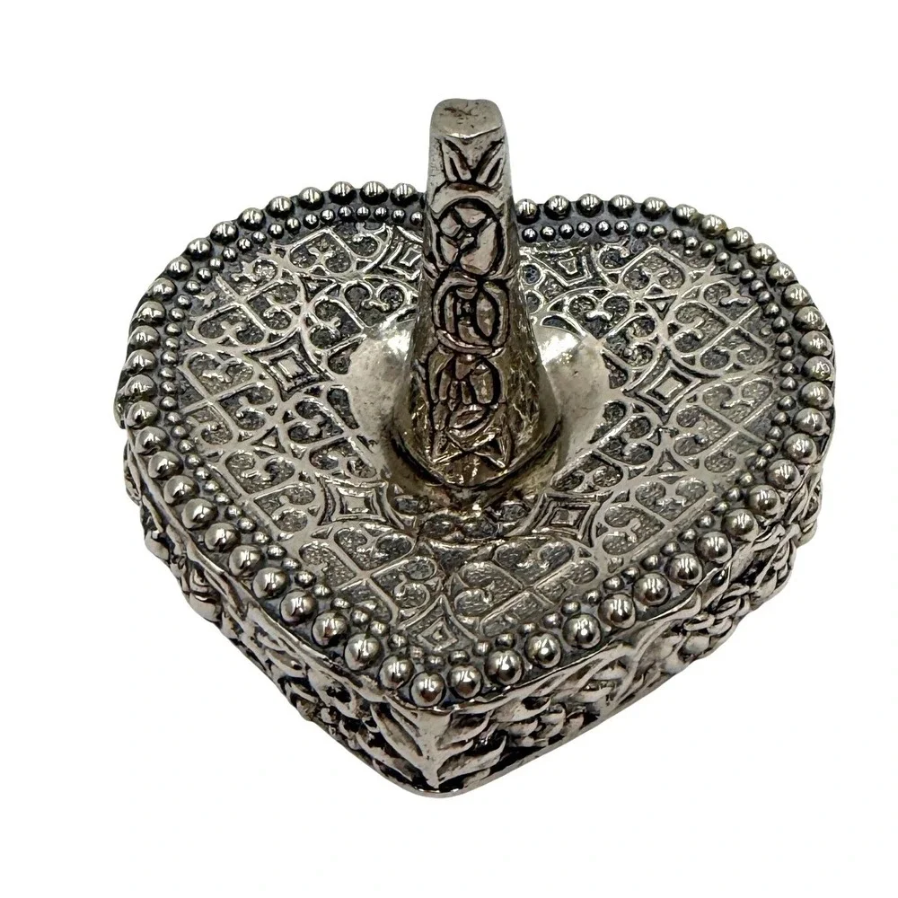 Vintage Ornate Silver Heart Ring Holder Filigree Beaded Jewelry Dish Vanity Tray